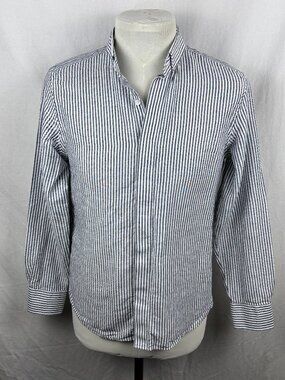 Proper Cloth Navy Stripe Cotton Linen Shirt Custom Sewn Collar Men's 16.5